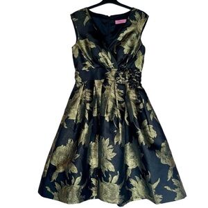 Eliza J Fit & Flare Elegant Black and Gold Floral Dress